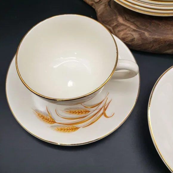 Golden Wheat 22K Gold Oven Proof Cup & Saucer Set 6 + Berry Bowl Made USA - Picture 2 of 12